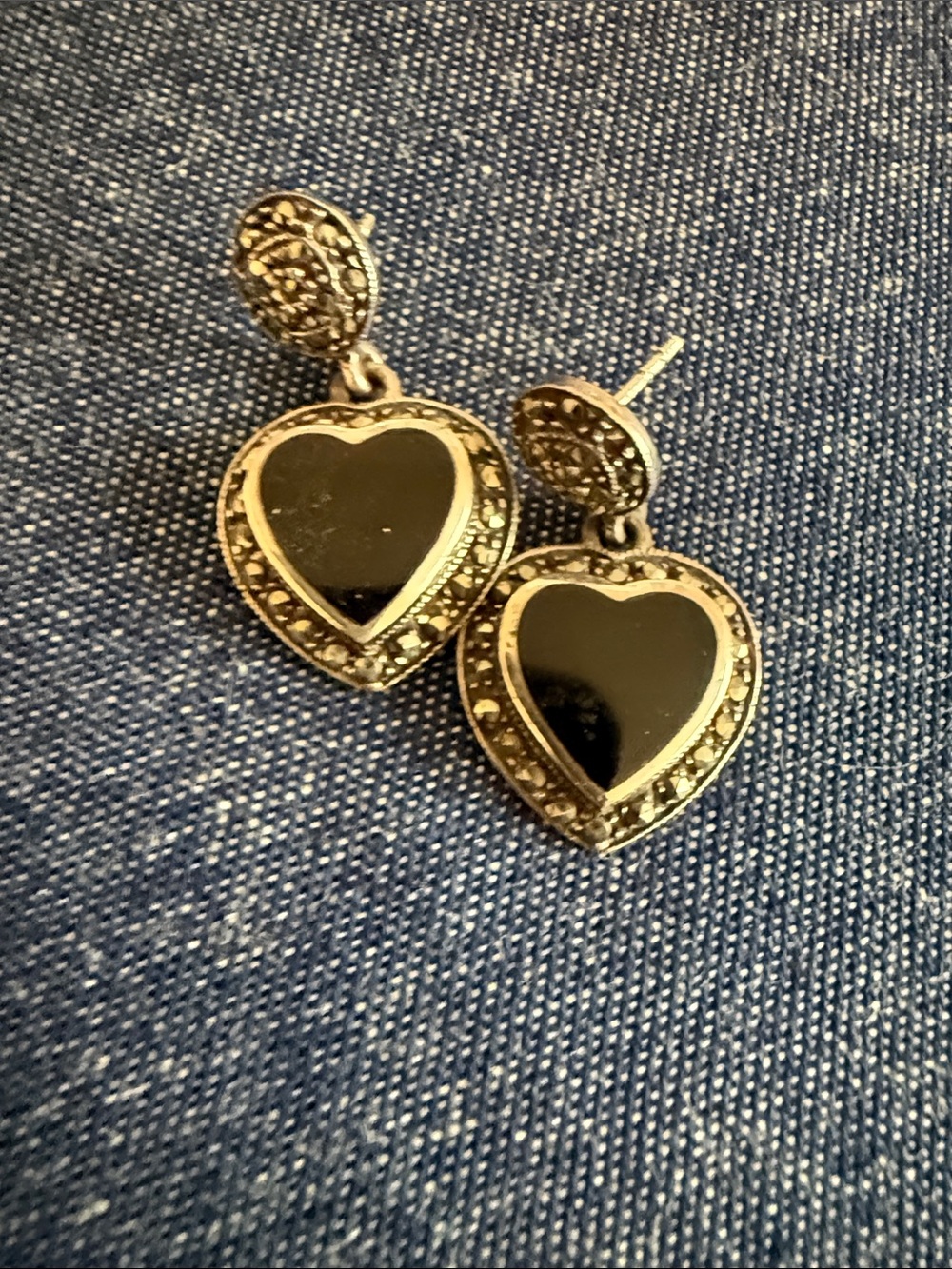 Sterling Heart Drop Earrings with Black Onyx Accent